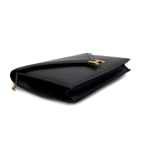 HERMES LYDIE BLACK CLUTCH SHOULDER BAG BOXCALF 〇H GOLD HARDWARE 90307822 - PURPOSE