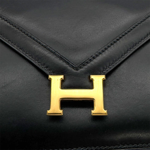 HERMES LYDIE BLACK CLUTCH SHOULDER BAG BOXCALF 〇H GOLD HARDWARE 90307822 - PURPOSE