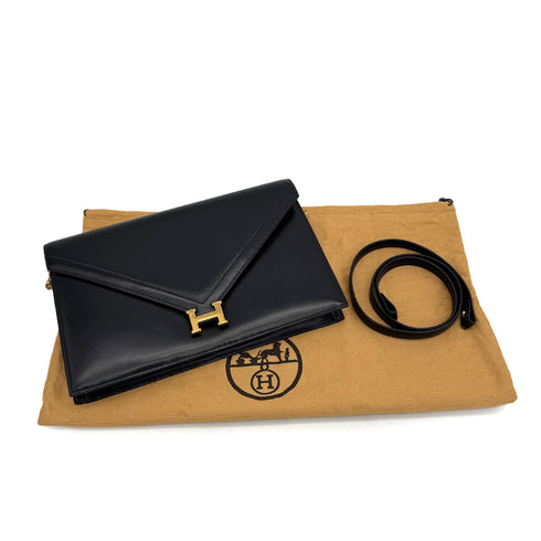 HERMES LYDIE BLACK CLUTCH SHOULDER BAG BOXCALF 〇H GOLD HARDWARE 90307822 - PURPOSE