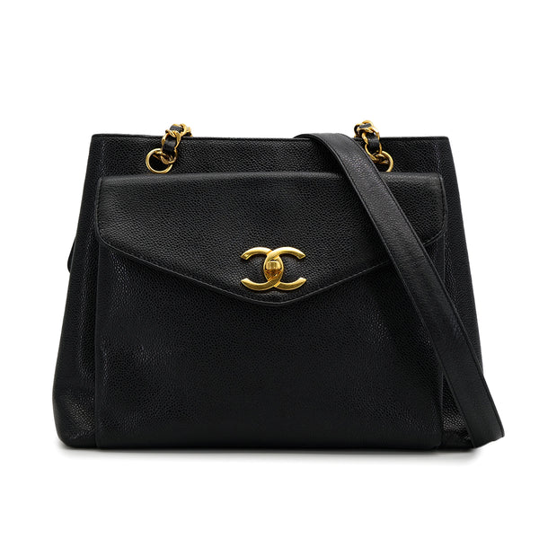 CHANEL VINTAGE TURN LOCK CHAIN TOTE BAG BLACK CAVIAR SKIN 90307825