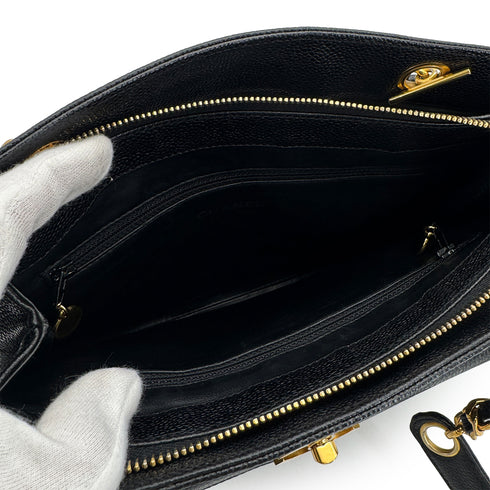 CHANEL VINTAGE TURN LOCK CHAIN TOTE BAG BLACK CAVIAR SKIN 90307825