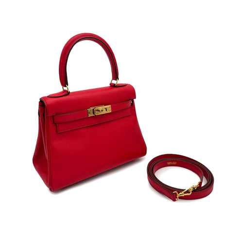 HERMES MINI KELLY 20 RETOURNE ROUGE VIF VEAU SWIFT HAND SHOULDER BAG □D GOLD HARDWARE 90307839 - PURPOSE