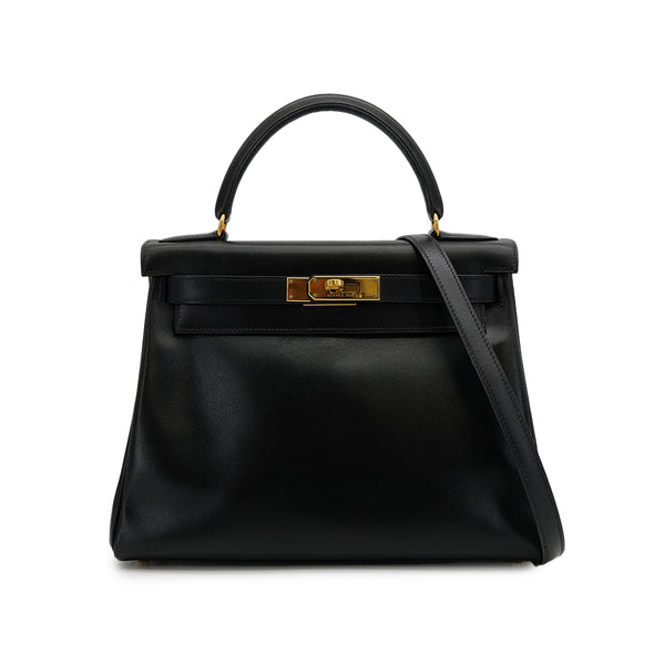 HERMES KELLY 28 RETOURNE BLACK BOXCALF HAND SHOULDER BAG 〇Z GOLD HARDWARE 90307911 - PURPOSE