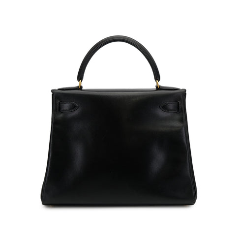 HERMES KELLY 28 RETOURNE BLACK BOXCALF HAND SHOULDER BAG 〇Z GOLD HARDWARE 90307911 - PURPOSE