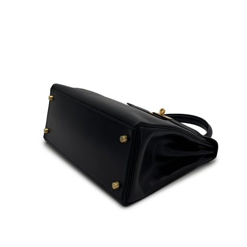 HERMES KELLY 28 RETOURNE BLACK BOXCALF HAND SHOULDER BAG 〇Z GOLD HARDWARE 90307911 - PURPOSE