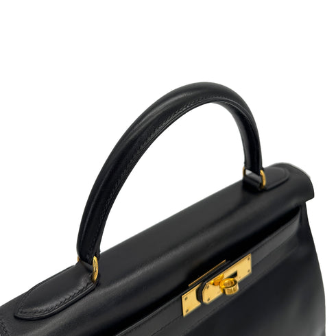 HERMES KELLY 28 RETOURNE BLACK BOXCALF HAND SHOULDER BAG 〇Z GOLD HARDWARE 90307911 - PURPOSE