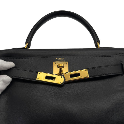HERMES KELLY 28 RETOURNE BLACK BOXCALF HAND SHOULDER BAG 〇Z GOLD HARDWARE 90307911 - PURPOSE