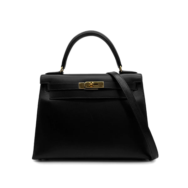 HERMES KELLY 28 SELLIER BLACK BOX CALF HAND SHOULDER BAG □A GOLD HARDWARE 90307915 - PURPOSE