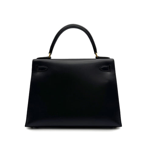 HERMES KELLY 28 SELLIER BLACK BOX CALF HAND SHOULDER BAG □A GOLD HARDWARE 90307915 - PURPOSE