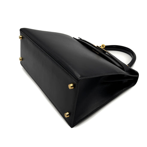 HERMES KELLY 28 SELLIER BLACK BOX CALF HAND SHOULDER BAG □A GOLD HARDWARE 90307915 - PURPOSE