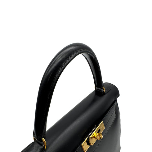 HERMES KELLY 28 SELLIER BLACK BOX CALF HAND SHOULDER BAG □A GOLD HARDWARE 90307915 - PURPOSE