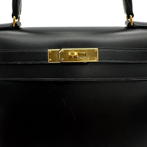 HERMES KELLY 28 SELLIER BLACK BOX CALF HAND SHOULDER BAG □A GOLD HARDWARE 90307915 - PURPOSE