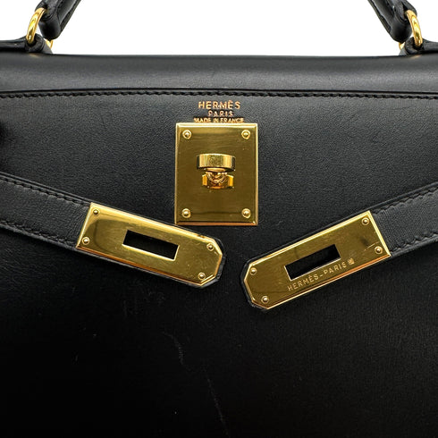 HERMES KELLY 28 SELLIER BLACK BOX CALF HAND SHOULDER BAG □A GOLD HARDWARE 90307915 - PURPOSE