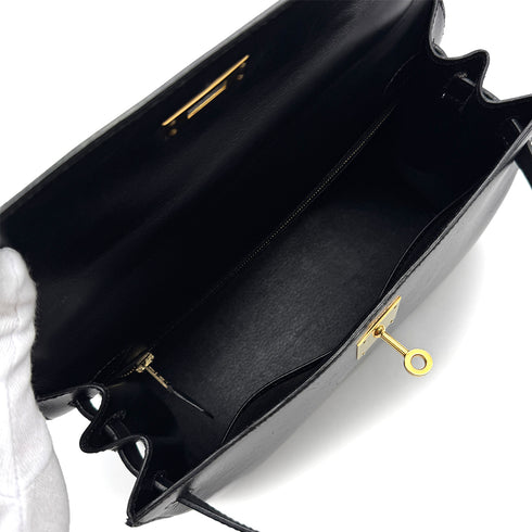 HERMES KELLY 28 SELLIER BLACK BOX CALF HAND SHOULDER BAG □A GOLD HARDWARE 90307915 - PURPOSE