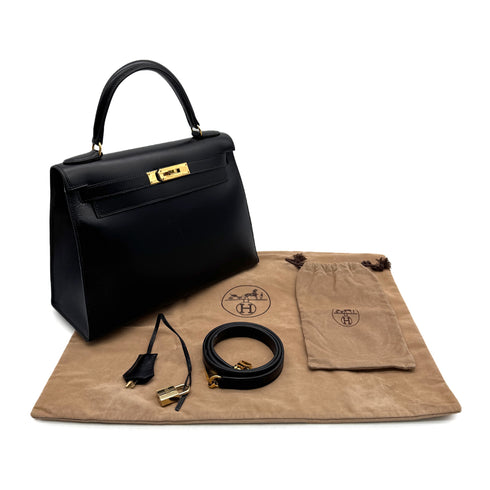 HERMES KELLY 28 SELLIER BLACK BOX CALF HAND SHOULDER BAG □A GOLD HARDWARE 90307915 - PURPOSE