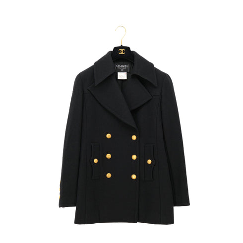 CHANEL VINTAGE COCO BUTTON PEA COAT BLACK WOOL 38 96A RTW 90307922 - PURPOSE