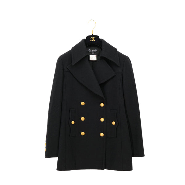 CHANEL VINTAGE COCO BUTTON PEA COAT BLACK WOOL 38 96A RTW 90307922 - PURPOSE