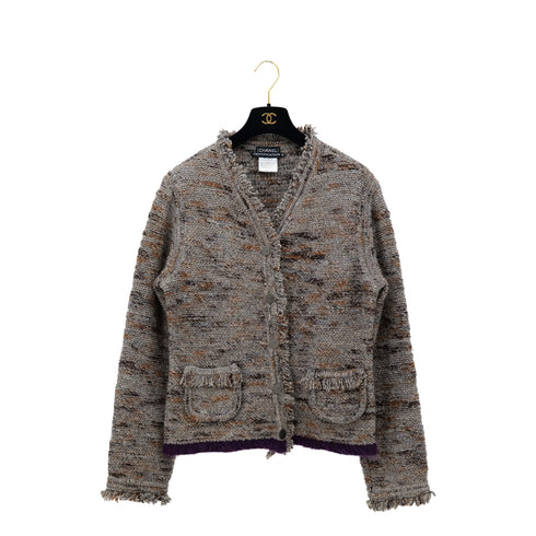 CHANEL VINTAGE FRINGE KNIT CARDIGAN LOGO BUTTON MULTI COLOR WOOL 46 99A RTW 90307928 - PURPOSE