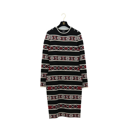 CHANEL NO.5 NORDIC PATTERN KNIT BODYCON DRESS CASHMERE BLACK RED 40 P62 RTW 90307931 - PURPOSE