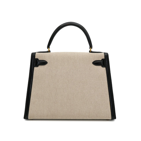 HERMES KELLY 28 BLACK BOXCALF TOILE H HAND SHOULDER BAG 1990 CIRCLE T GOLD HARDWARE 90307991 - PURPOSE