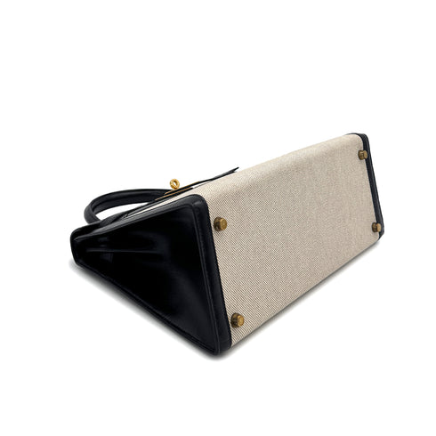 HERMES KELLY 28 BLACK BOXCALF TOILE H HAND SHOULDER BAG 1990 CIRCLE T GOLD HARDWARE 90307991 - PURPOSE