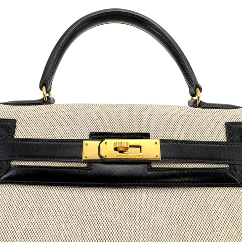 HERMES KELLY 28 BLACK BOXCALF TOILE H HAND SHOULDER BAG 1990 CIRCLE T GOLD HARDWARE 90307991 - PURPOSE