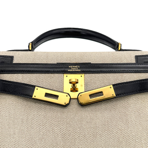 HERMES KELLY 28 BLACK BOXCALF TOILE H HAND SHOULDER BAG 1990 CIRCLE T GOLD HARDWARE 90307991 - PURPOSE