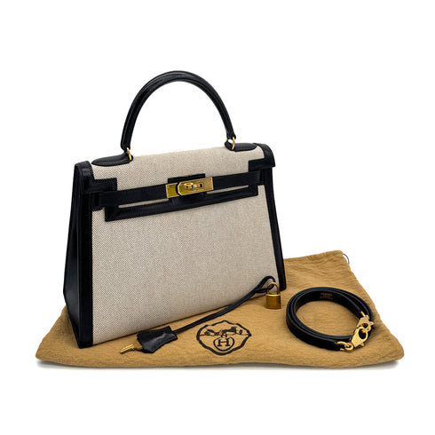 HERMES KELLY 28 BLACK BOXCALF TOILE H HAND SHOULDER BAG 1990 CIRCLE T GOLD HARDWARE 90307991 - PURPOSE