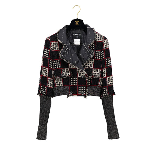 CHANEL CHECK PATTERN LOGO BUTTON JACKET BLACK WOOL 40 07A RTW 90308009 - PURPOSE