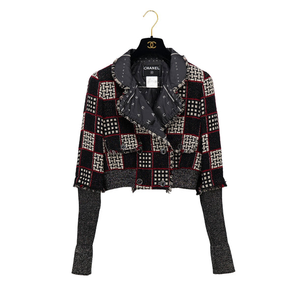 CHANEL CHECK PATTERN LOGO BUTTON JACKET BLACK WOOL 40 07A RTW 90308009 - PURPOSE