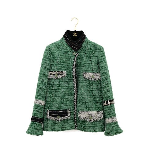 CHANEL COCO BUTTON TWEED FRINGE JACKET GREEN WOOL 44 09K RTW 90308011 - PURPOSE