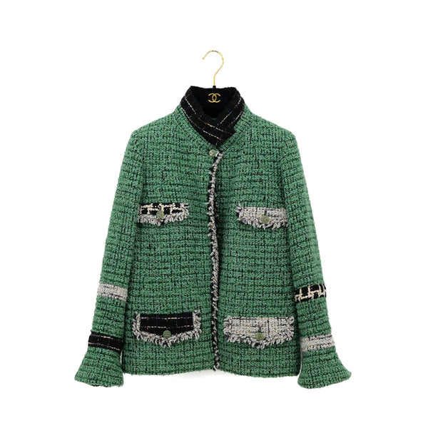 CHANEL COCO BUTTON TWEED FRINGE JACKET GREEN WOOL 44 09K RTW 90308011 - PURPOSE