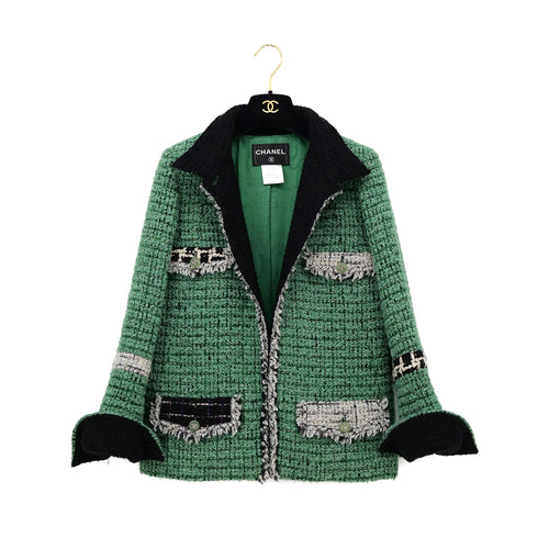 CHANEL COCO BUTTON TWEED FRINGE JACKET GREEN WOOL 44 09K RTW 90308011 - PURPOSE