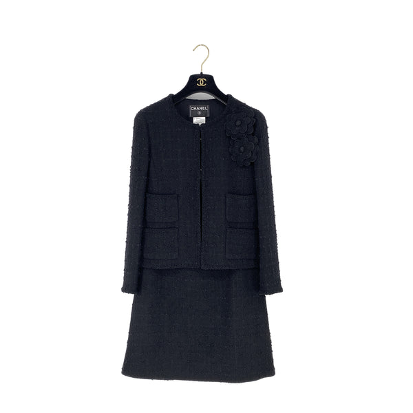 CHANEL CAMELLIA COCO BUTTON JACKET SKIRT SET BLACK TWEED 40 P36 RTW 90308013 - PURPOSE