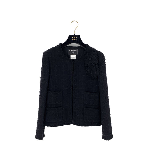 CHANEL CAMELLIA COCO BUTTON JACKET SKIRT SET BLACK TWEED 40 P36 RTW 90308013 - PURPOSE