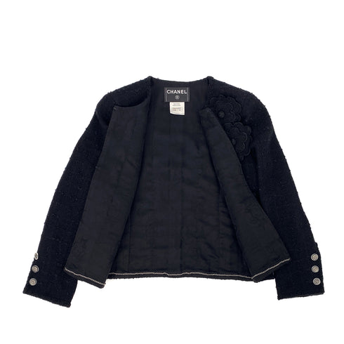 CHANEL CAMELLIA COCO BUTTON JACKET SKIRT SET BLACK TWEED 40 P36 RTW 90308013 - PURPOSE