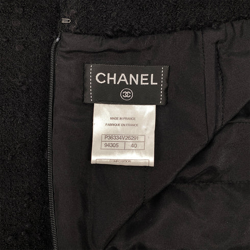 CHANEL CAMELLIA COCO BUTTON JACKET SKIRT SET BLACK TWEED 40 P36 RTW 90308013 - PURPOSE