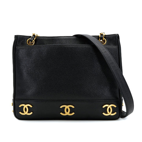 CHANEL VINTAGE TRIPLE COCO CHAIN TOTE BAG BLACK CAVIAR SKIN 90308203 - PURPOSE