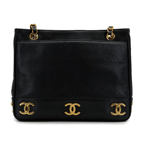 CHANEL VINTAGE TRIPLE COCO CHAIN TOTE BAG BLACK CAVIAR SKIN 90308203 - PURPOSE