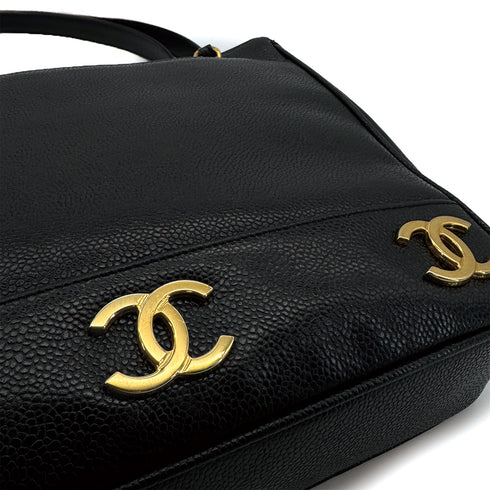 CHANEL VINTAGE TRIPLE COCO CHAIN TOTE BAG BLACK CAVIAR SKIN 90308203 - PURPOSE
