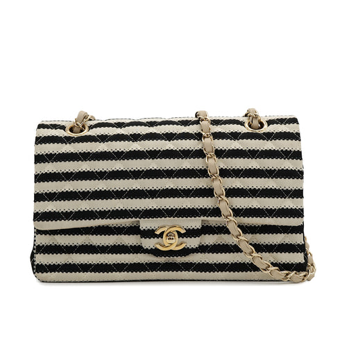 CHANEL MATELASSE BORDER CHAIN SHOULDER BAG FAUX PEARL BLACK WHITE COTTON 90308210