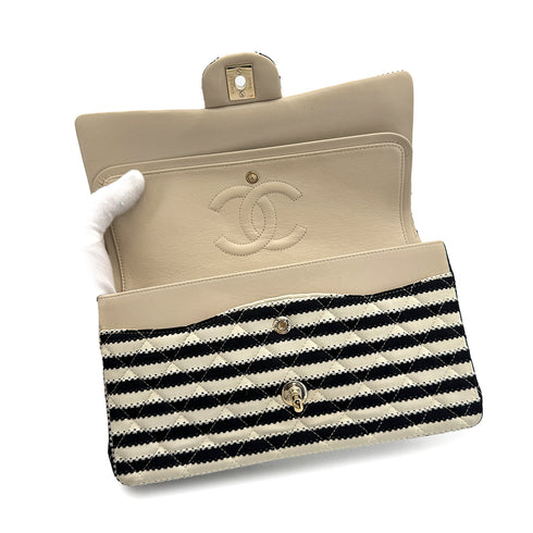 CHANEL MATELASSE BORDER CHAIN SHOULDER BAG FAUX PEARL BLACK WHITE COTTON 90308210