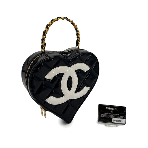 CHANEL VINTAGE MATELASSE HEART VANITY HAND BAG BLACK WHITE ENAMEL 90308211 - PURPOSE