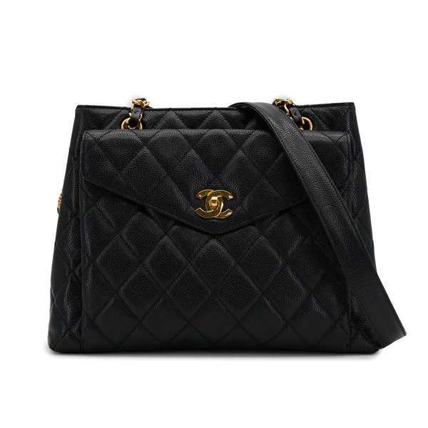 CHANEL VINTAGE MATELLASSE TURN LOCK CHAIN TOTE BAG BLACK CAVIAR SKIN 90308268 - PURPOSE