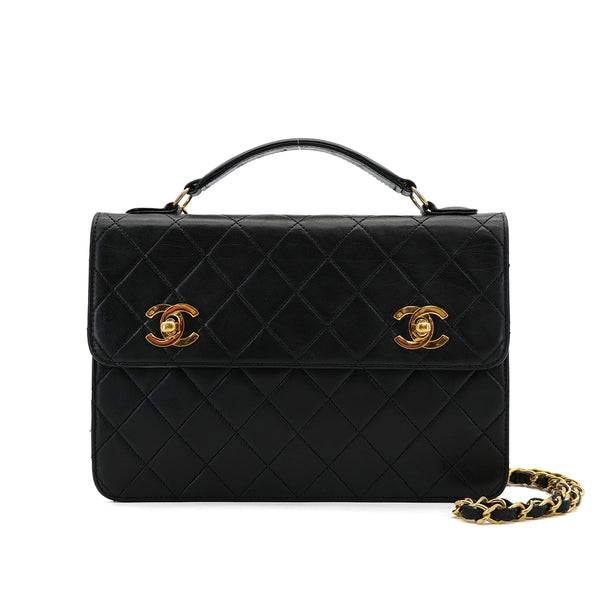 CHANEL VINTAGE DOUBLE TURN LOCK MATELASSE CHAIN SHOULDER HAND BAG BLACK LAMB SKIN 90308270 - PURPOSE