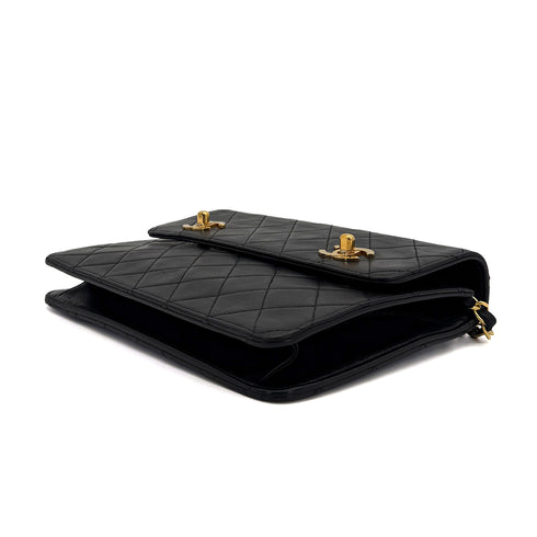 CHANEL VINTAGE DOUBLE TURN LOCK MATELASSE CHAIN SHOULDER HAND BAG BLACK LAMB SKIN 90308270 - PURPOSE
