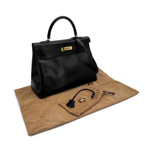 HERMES KELLY 35 RETOURNE BLACK BOXCALF HAND SHOULDER BAG 1998 SQUARE B GOLD HARDWARE 90308351 - PURPOSE