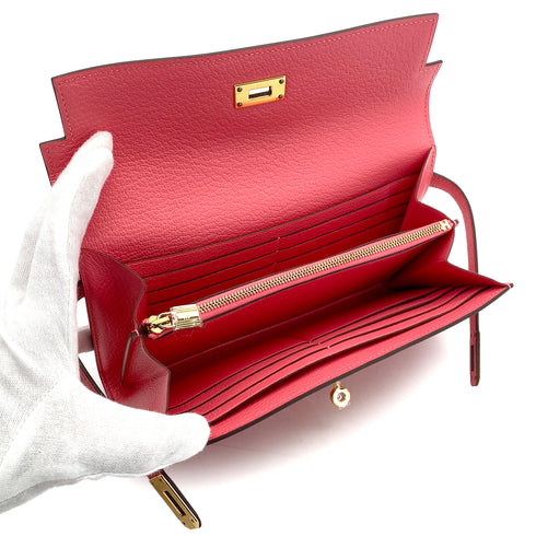 HERMES KELLY WALLET LONG ROSE LIPSTICK CHEVRE 2016 X GOLD HARDWARE 90308369 - PURPOSE