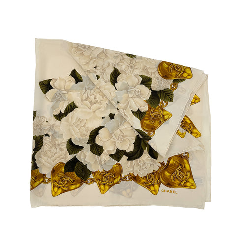 CHANEL VINTAGE COCOMARK CAMELLIA SCARF BEIGE WHITE SILK 90308383
