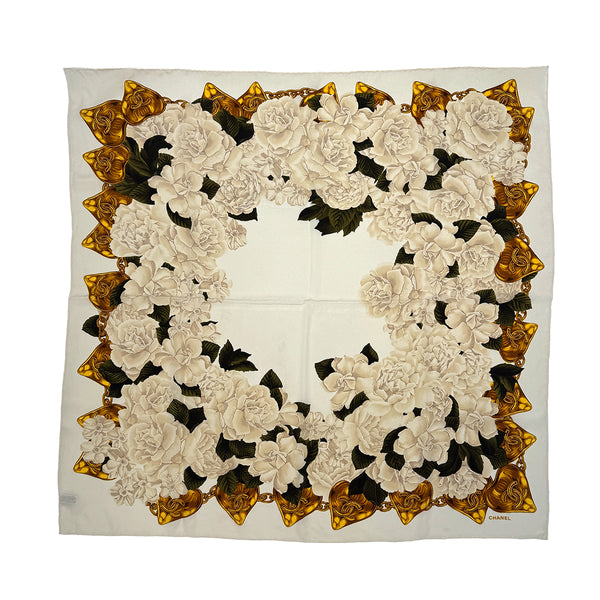 CHANEL VINTAGE COCOMARK CAMELLIA SCARF BEIGE WHITE SILK 90308383